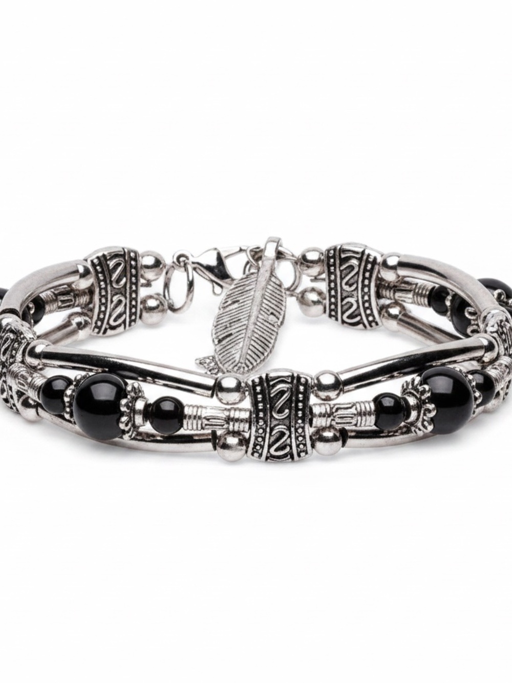 Womens Antique Silver Plated Black Bead Vintage Design‎ Bracelet